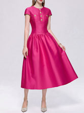 Load image into Gallery viewer, Women’s Fuchsia Satin Cap Sleeve Cocktail Midi Dress with Gold Buttons