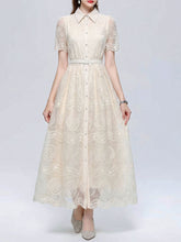 Load image into Gallery viewer, Beige Embroidered Lace Collared Shirt Dress with Belted Waist Short Sleeve Midi Dress