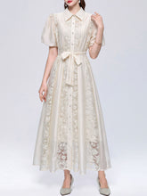 Load image into Gallery viewer, Pink Floral Lace Puff Short Sleeves A-Line Midi  Shirt Dress
