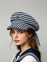 Load image into Gallery viewer, Women’s Navy and White Striped Sailor Hat