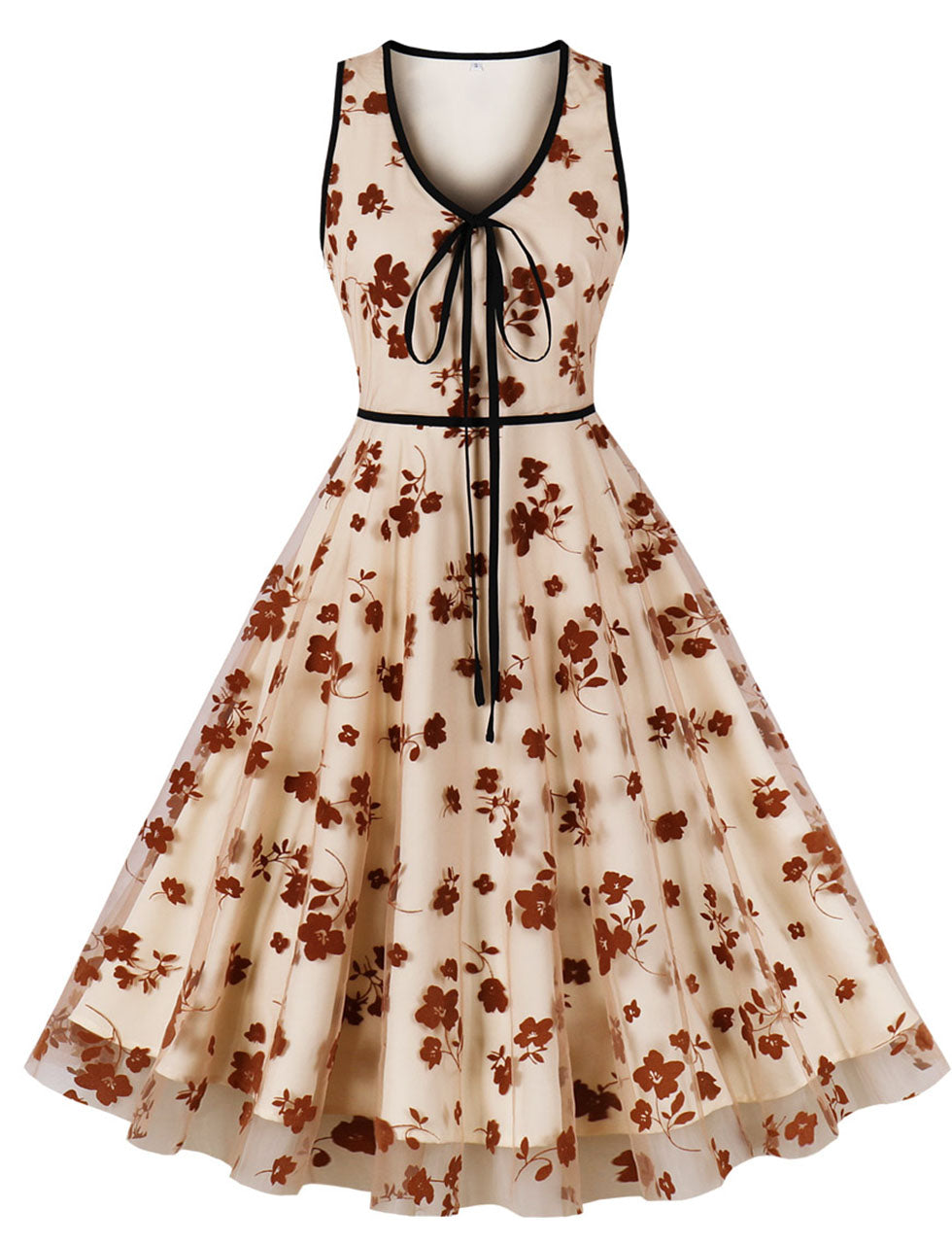Apricot Flock Printing V Neck 1950S Vintage Swing Dress