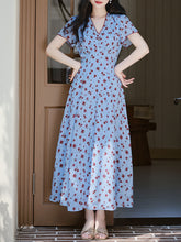 Load image into Gallery viewer, Blue V Neck Floral Print Vintage Dress