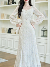 Load image into Gallery viewer, White Printed V-Neck Lace Lantern Sleeve Mermaid Dress