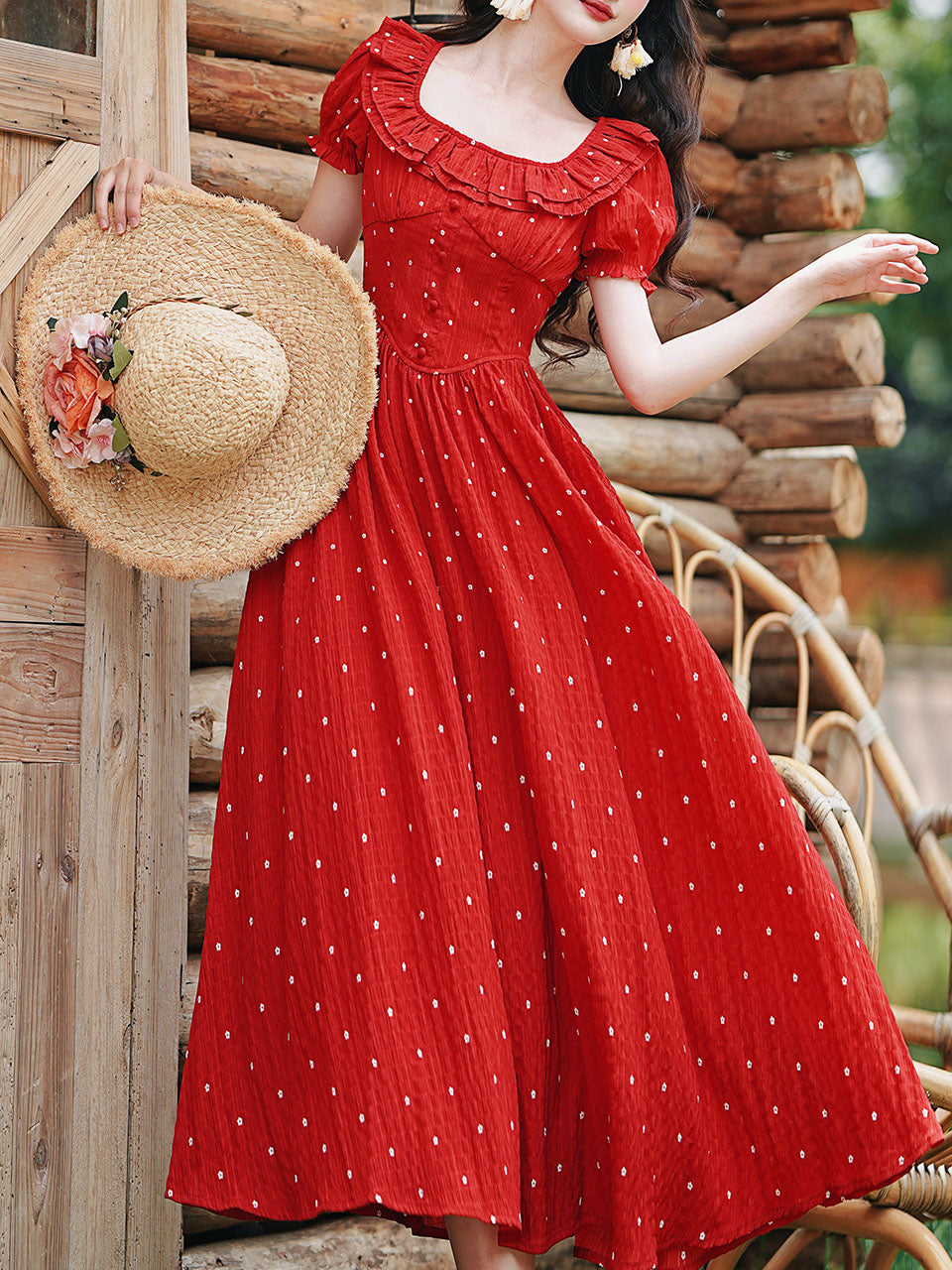 1950S Vintage Red Polka Dots Square Collar Swing Dress, Red / S