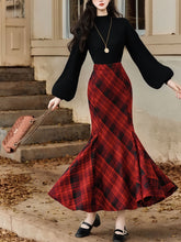 Load image into Gallery viewer, 2PS Black Sweater And Red Plaid Fishtail Skirt 1950S Vintage Audrey Hepburn's Style Outfits