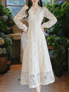 White V-Neck Long Sleeve Lace Vintage Wedding Dress