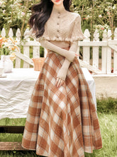 Load image into Gallery viewer, 3PS Brown Knitted Sweater Top Cape With Plaid Skirt Vintage 1950s Suits