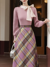 Load image into Gallery viewer, 2PS Purple Bow Warm Sweater And Plaid A-line Skirt