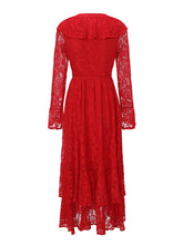 Load image into Gallery viewer, Women's Red Lace Long Sleeve Midi Dress with Ruffle Trim