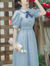 Load image into Gallery viewer, Blue Peter Pan Collar Puff Sleeve Fall 1950S Flower Vintage Dress