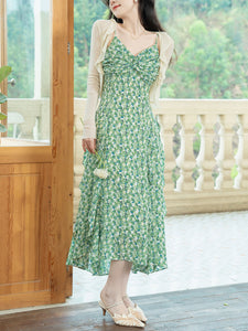 Green Floral Print Ruffles Spaghetti Strap Dress With White Cardigan