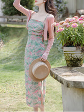 Load image into Gallery viewer, 2PS Green Floral Print Spaghetti Strap 1950S Vintage Dress With Pink Long Sleeve Cardigan