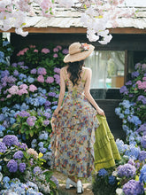 Load image into Gallery viewer, 2PS Boho Gypsy Floral Asymmetrical Maxi Dress Whimsical Green Crinkled Tiered Ruffle Dress for Festival