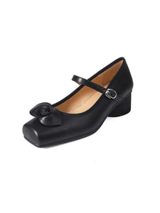 Women's Chunky Heels Square Toe Rose Vintage Ballerina Shoes