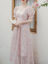 Load image into Gallery viewer, Pink Square Neck Embroidered Princess Sleeve Corset Vintage Dress