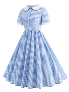 Pink Peter Pan Collar Plaid Short Sleeve 1950S Vintage Swing Dress