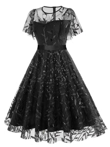 Baby Grey Semi Mesh Leaf Sequins Embroidered Short Sleeve 1950S Swing Dress
