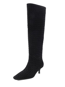 Women's Suede Knit High Heel Knee High Boots Vintage Shoes