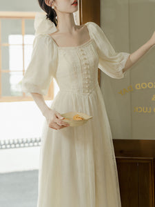 Apricot Lace Square Neck Beaded Retro Dress with Lantern Sleeves