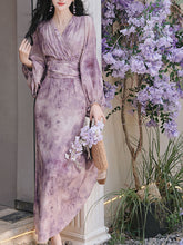 Load image into Gallery viewer, Purple Printed V-Neck Lantern Sleeve Mermaid Dress