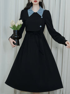 Black 1950S Windbreaker Dress With Blue Buttons