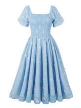 Load image into Gallery viewer, Blue Daisy Puff Sleeve Smocking 1950S Vintage Dress