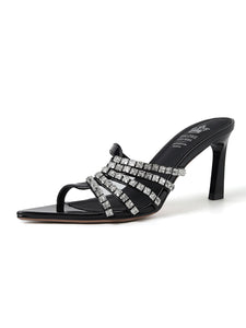 Women's Rhinestone Pointed Toe Stiletto Sandals Leather Vintage Shoes