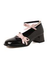 Load image into Gallery viewer, Women&#39;s  Round Toe Bow Chunky Heel Leather Vintage Shoes