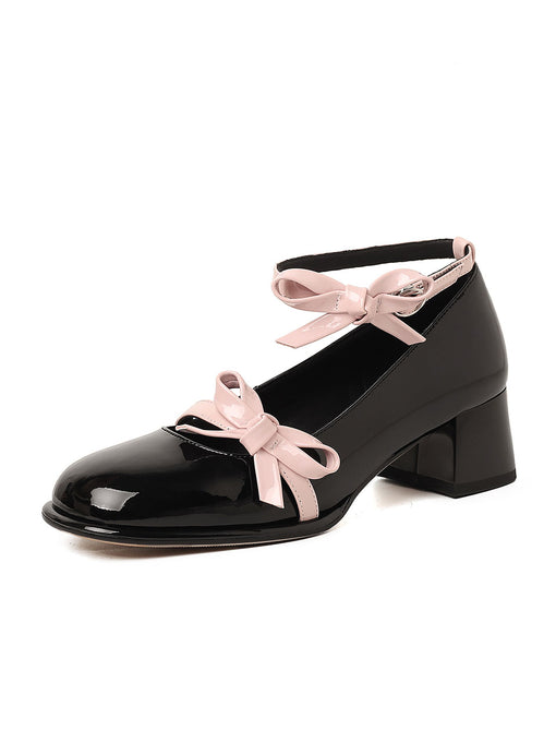 Women's  Round Toe Bow Chunky Heel Leather Vintage Shoes