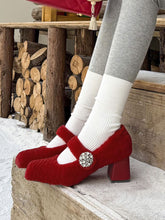 Load image into Gallery viewer, Winter Party Shoes Red Sheepskin Chunky Heel Pumps
