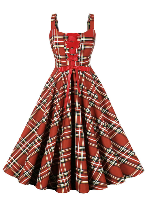 Red Plaid Lace-up Sleeveless 1950s Vintage Party Dress