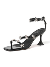 Load image into Gallery viewer, Women&#39;s Square Toe Flower Rhinestones Stiletto Sandals Leather Vintage Shoes