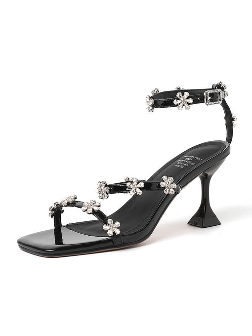 Women's Square Toe Flower Rhinestones Stiletto Sandals Leather Vintage Shoes