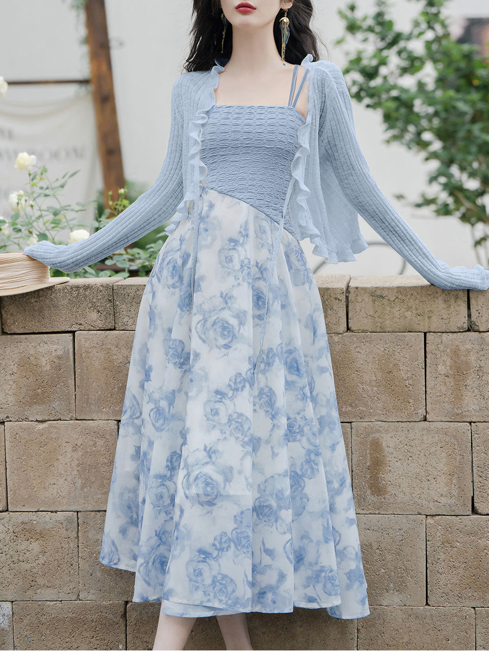 long sleeve 1950s dress 2PS Blue Rose Spaghetti Strap 1950S Vintage Dress With Long Sleeve Ruffles Cardigan, Blue / S