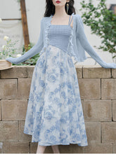 Load image into Gallery viewer, 2PS Blue Rose Spaghetti Strap 1950S Vintage Dress With Long Sleeve Ruffles Cardigan