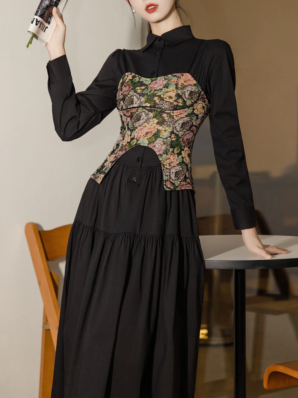 2PS Black Long Sleeve Ruffles Cottagecore Dress With Rose Vest Suits, Black / M 2PS Black Long Sleeve Ruffles Cottagecore Dress With Rose Vest Suits, Black / M