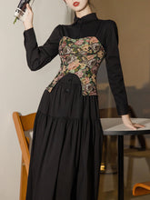 Load image into Gallery viewer, 2PS Black Long Sleeve Ruffles Cottagecore Dress With Rose Vest Suits