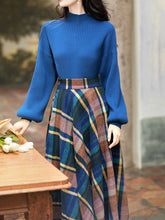 Load image into Gallery viewer, 2PS Blue Sweater And Plaid Swing Skirt 1950S Vintage Audrey Hepburn&#39;s Style Outfits
