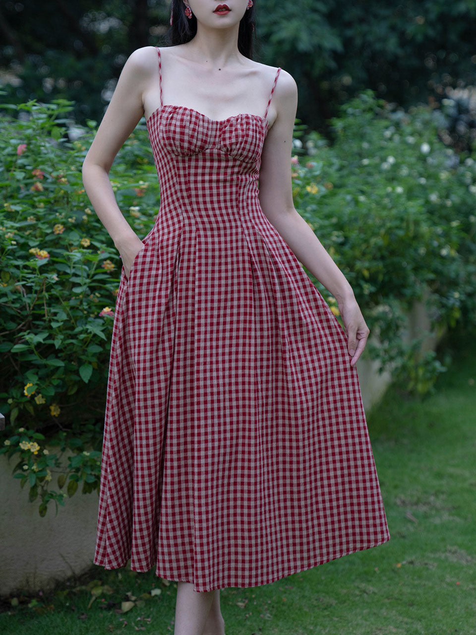 Red Plaid Strap Vintage 1950S Swing Dress