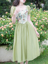 Load image into Gallery viewer, Green Square Collar Floral Print Corset Short Sleeve Vintage 1950S Dress