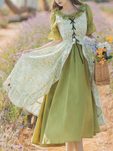 Load image into Gallery viewer, Green Ruffle Collar Floral Print Short Sleeve Vintage Dress