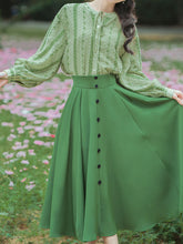 Load image into Gallery viewer, 2PS 1950S Light Green Embroidered Long Sleeve Shirt And Dark Green Swing Skirt Suit