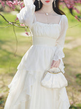 Load image into Gallery viewer, White Square Collar Long Sleeve Ruffles Vintage 1950S Dress