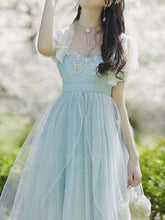 Load image into Gallery viewer, 2PS Baby Blue Embroidered Butterfly Vintage Dress With Puff Sleeve Cardigan Suit