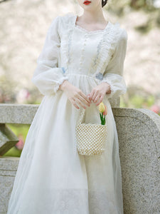 White Lace V Neck Long Puff Sleeve Ruffles Edwardian Revival Dress