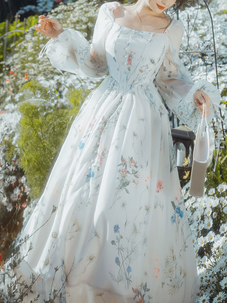 White Square Collar Lace Floral Print Long Sleeve Vintage 1950S Dress White / L White Square Collar Lace Floral Print Long Sleeve Vintage 1950S Dress White / L