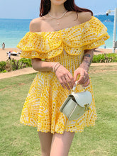 Load image into Gallery viewer, Women&#39;s Bohemian Yellow Off The Shoulder Hollow Lace Boho Dress