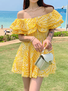 Women's Bohemian Yellow Off The Shoulder Hollow Lace Boho Dress