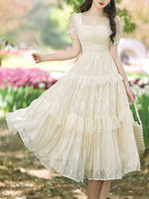 Load image into Gallery viewer, Apricot Square Neck Ruffle Short Sleeve Vintage Fairy Dress