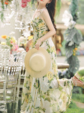 Load image into Gallery viewer, 2PS Green Floral Print Spaghetti Strap Dress With White Shawl Dress Suit